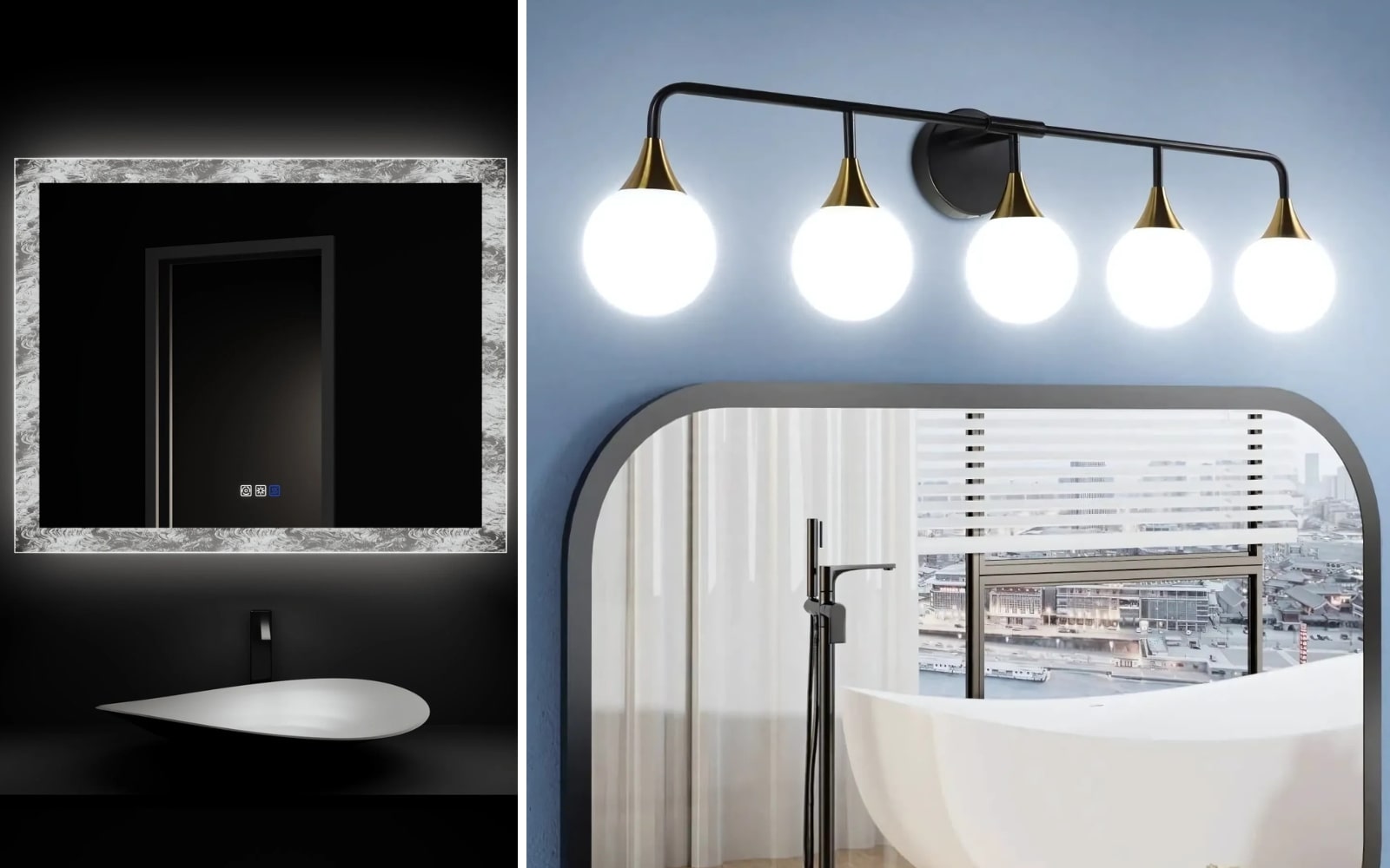 Bathroom vanity lighting with lighting fixtures and LED mirrors