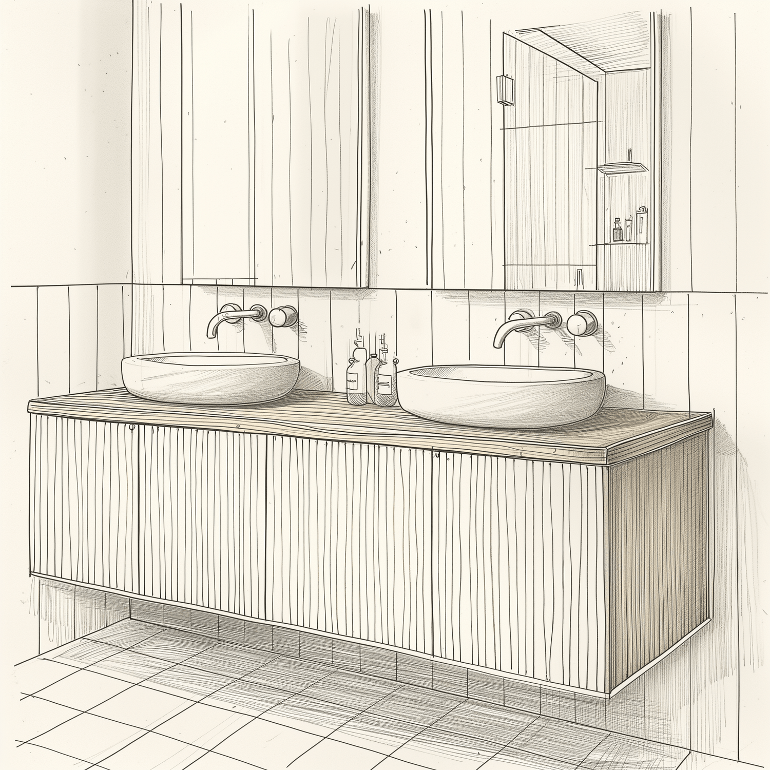 a pencil drawing of a wall mounted vanity with vessel sinks