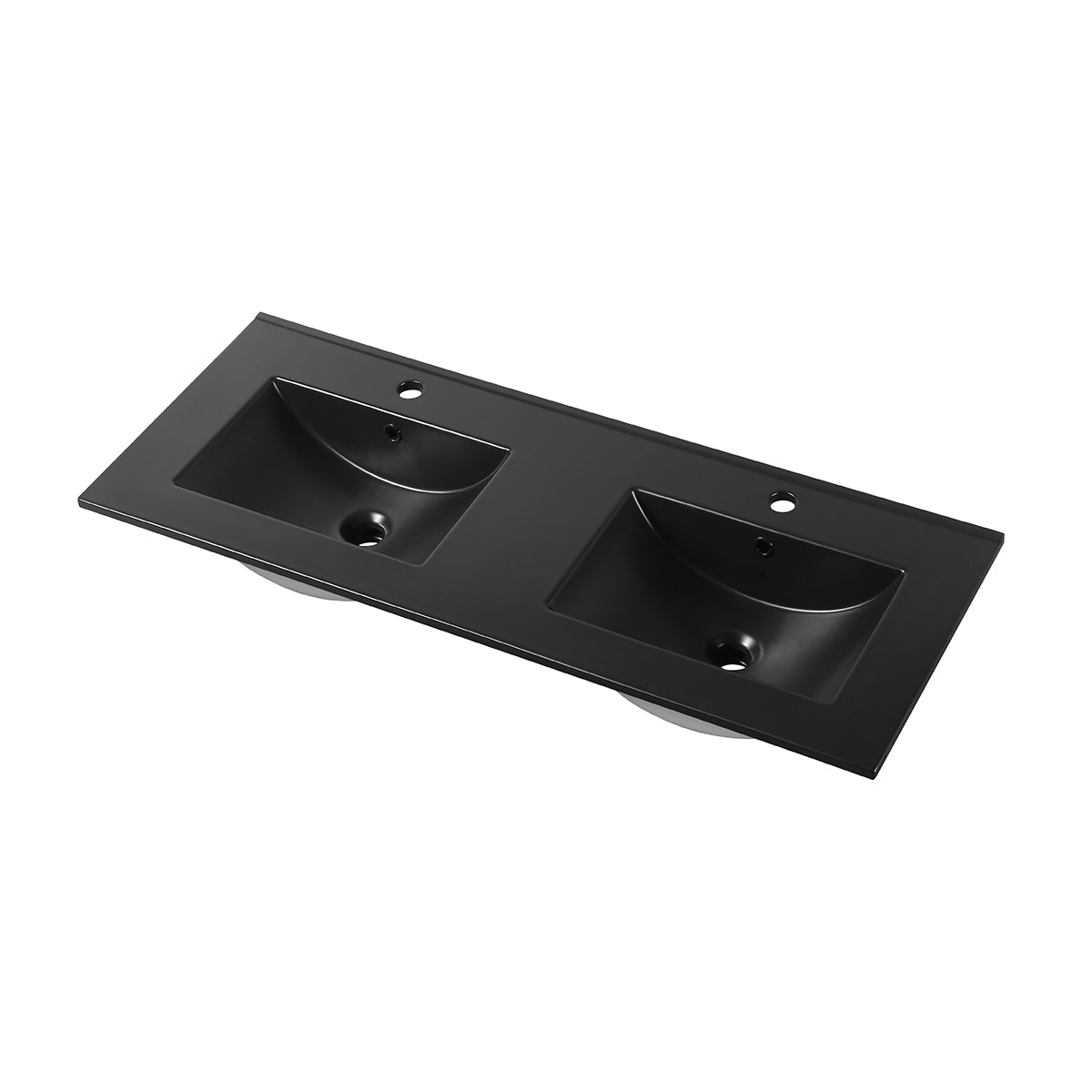 Matte black double-basin sink top with a single faucet hole for each basin