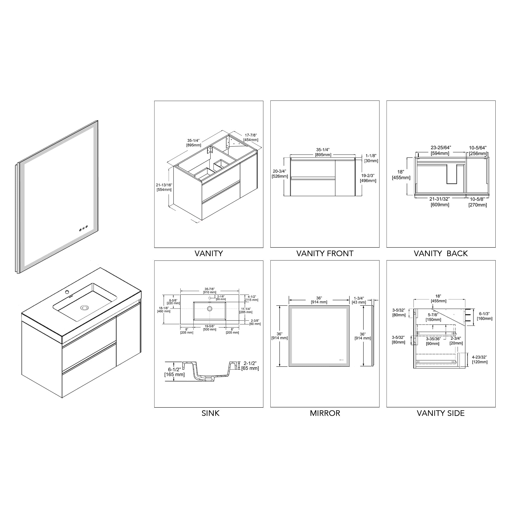 Berlin 36" Wall Mount Vanity with Sink Top - Modern Bathroom Vanity