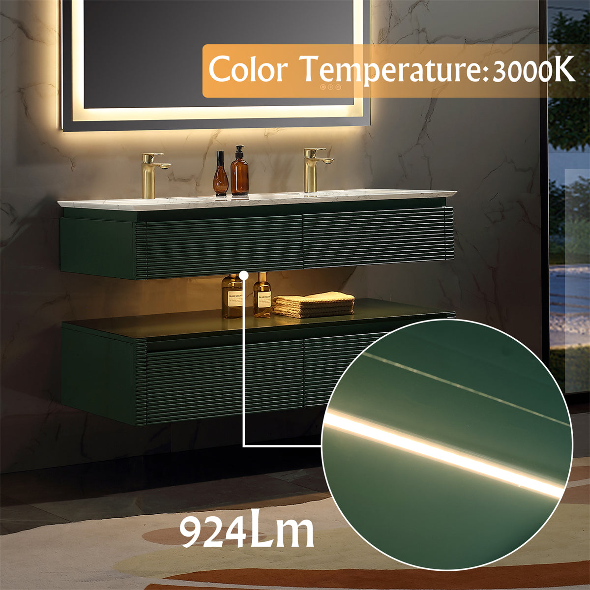 Segeo 48" Double Modern Solid Oak Floating Luxury Bathroom Vanity with Marble Countertop