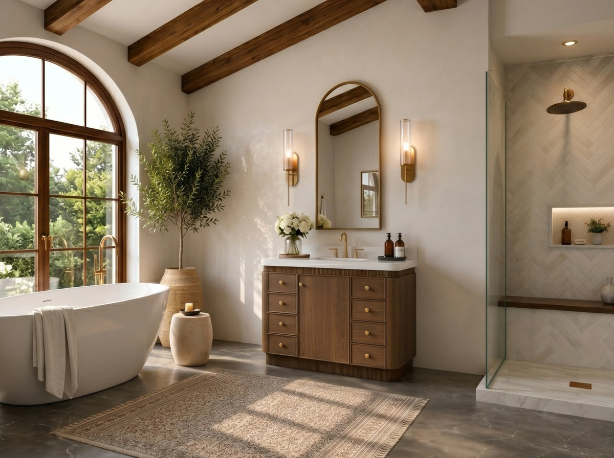 Aston 42-inch bathroom vanity in Chestnut Oak, angled view in a bathroom