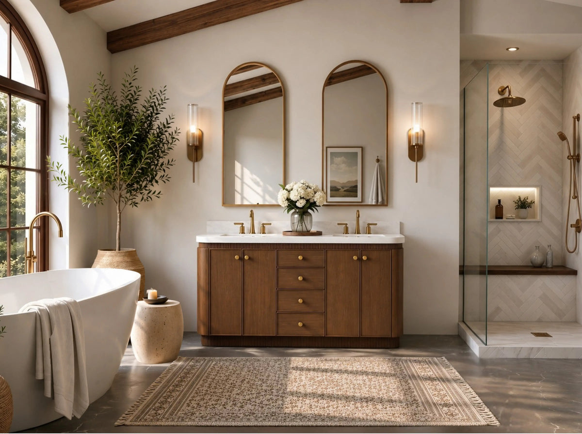 Aston 60-inch double-sink bathroom vanity in Chestnut Oak, front view in a bathroom