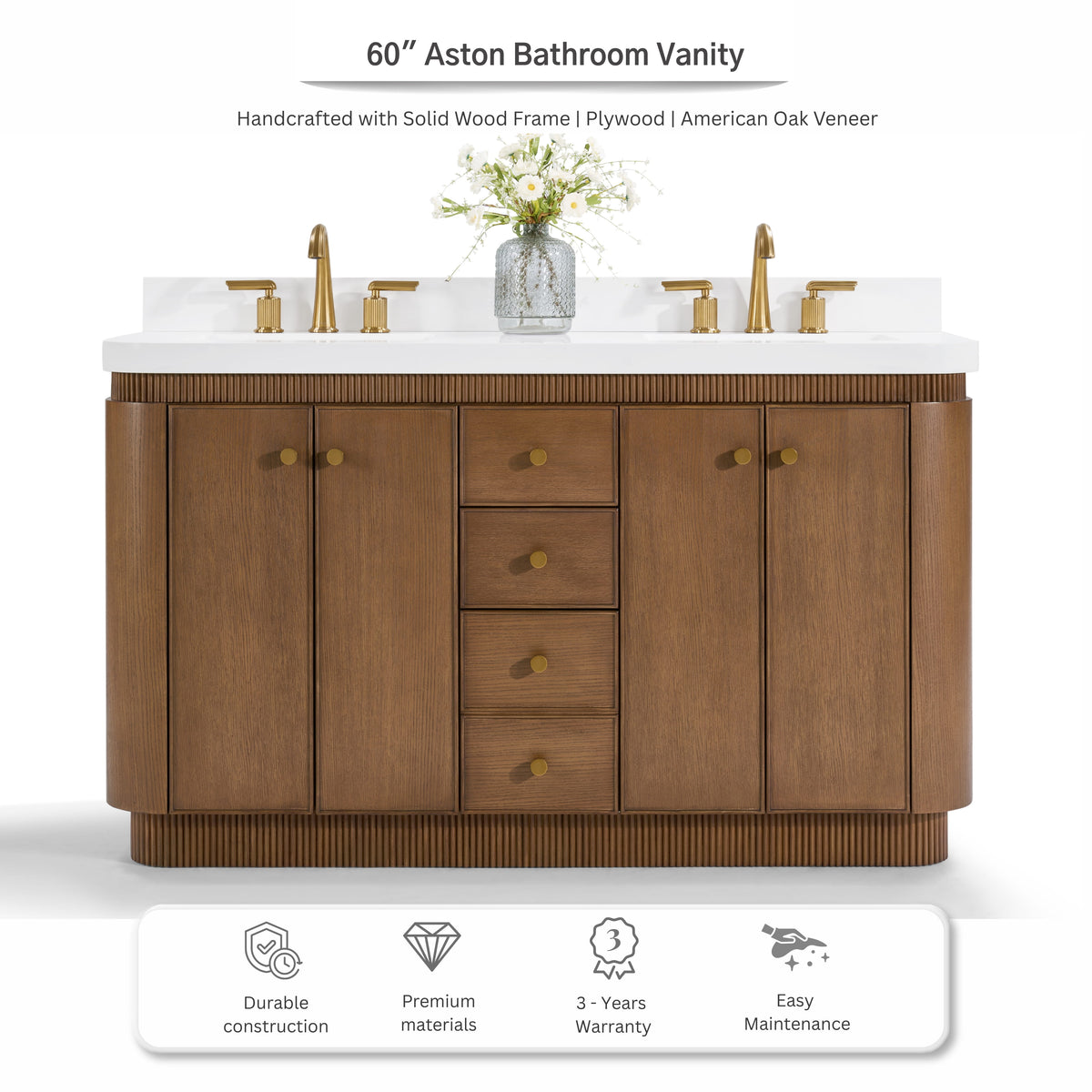 Aston 60-inch bathroom vanity in Chestnut Oak — front view