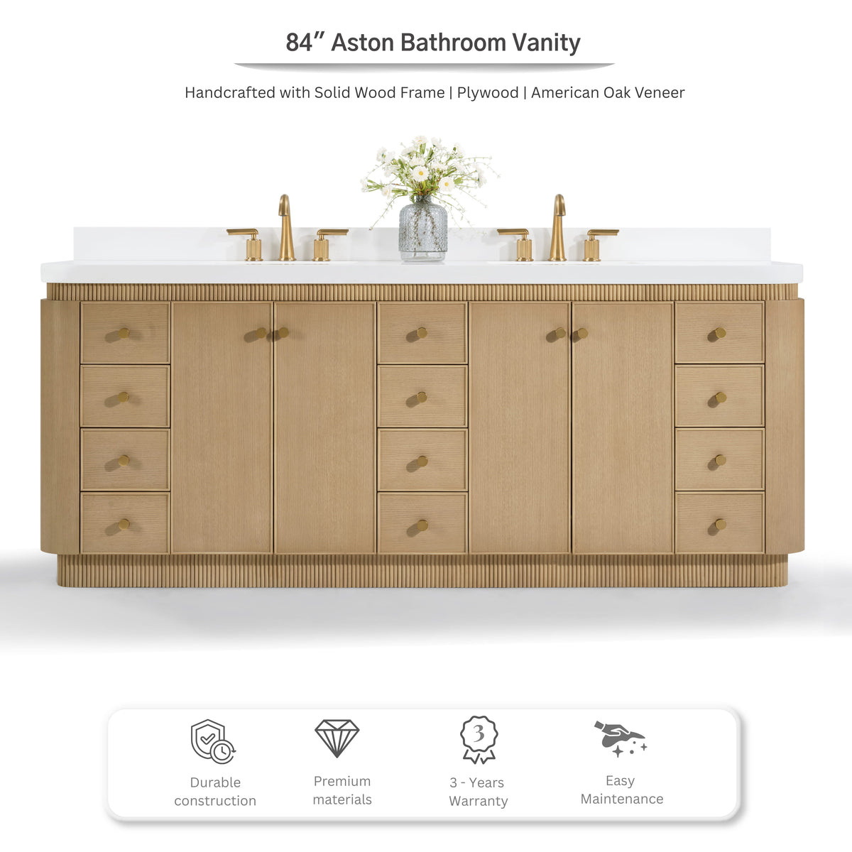 Aston 84-inch bathroom vanity in American Oak — front view