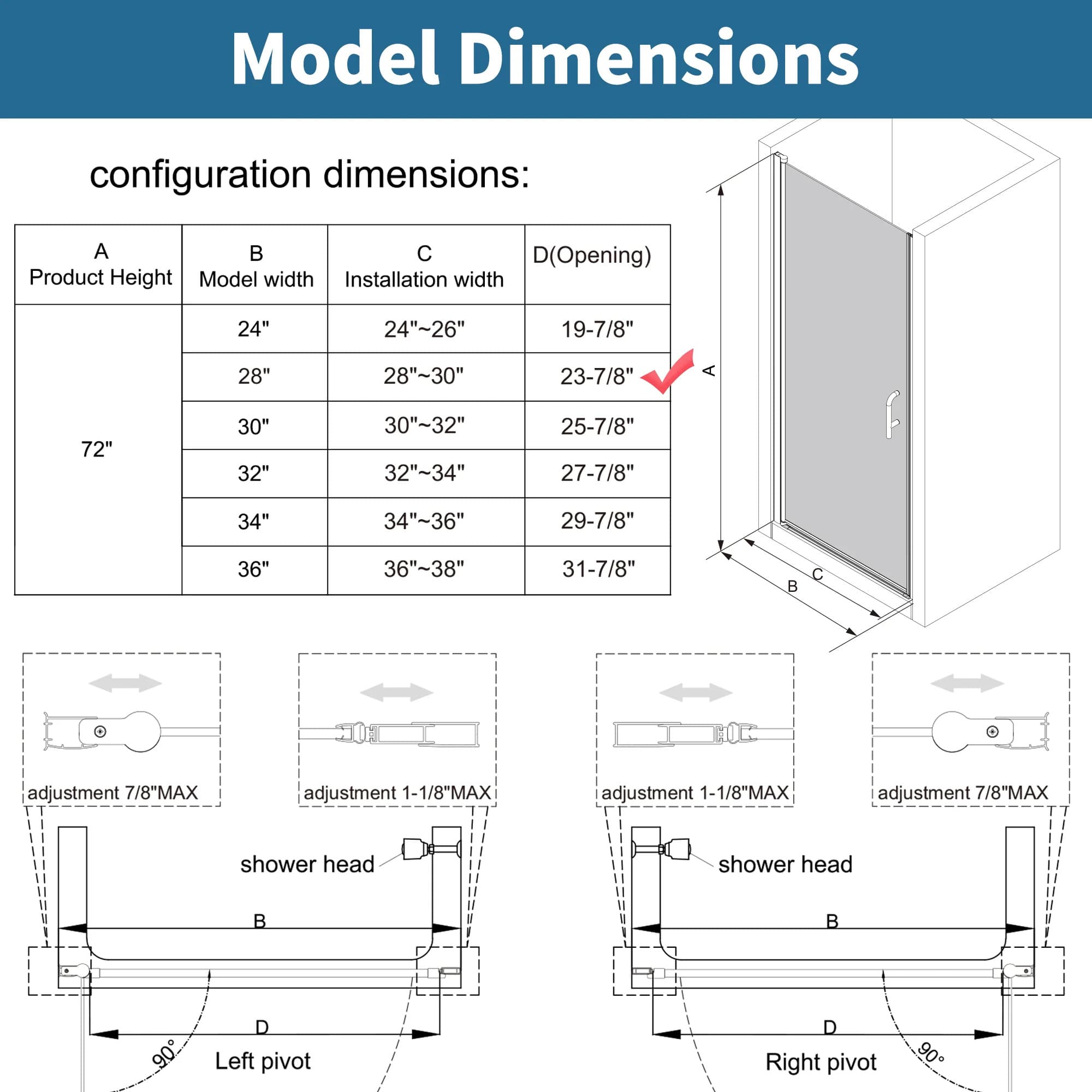 Classy 28-30" Pivot Shower Door