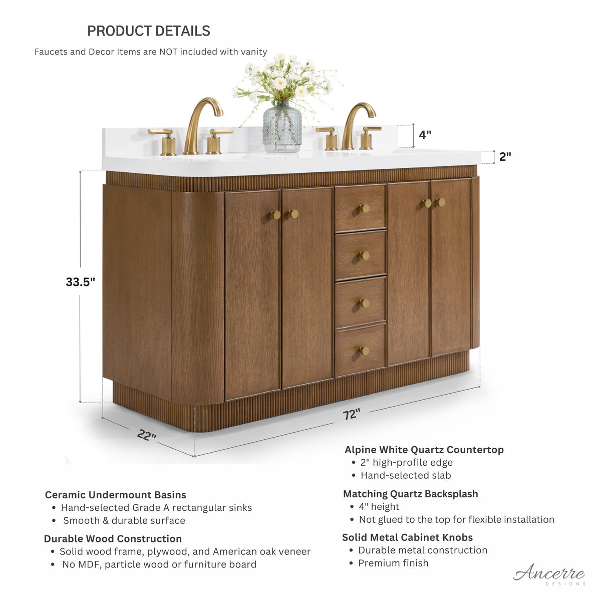 Aston 72-inch bathroom vanity in Chestnut Oak — dimension diagram