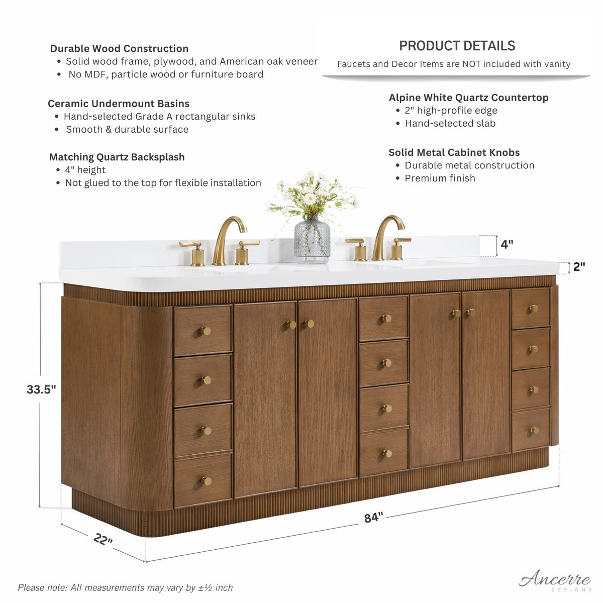 Aston 84-inch bathroom vanity in Chestnut Oak — dimension diagram
