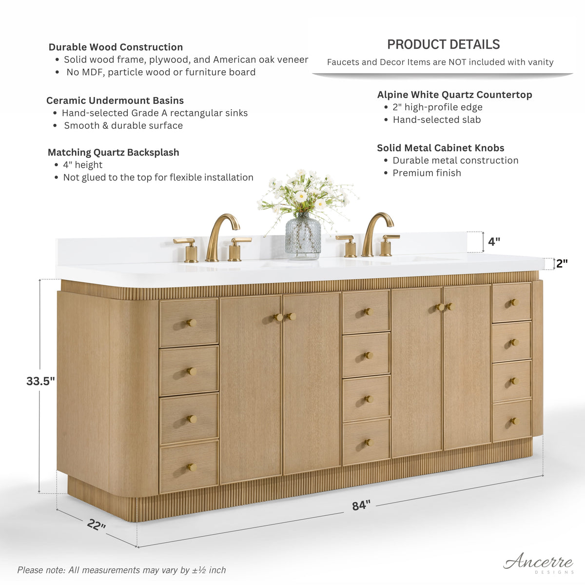 Aston 84-inch bathroom vanity in American Oak — dimension diagram