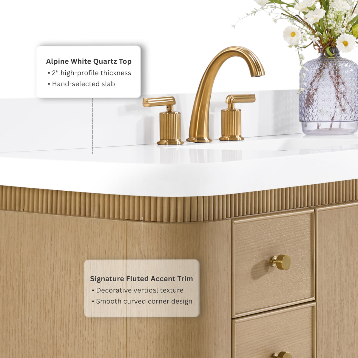 Aston 84-inch bathroom vanity in American Oak — countertop detail