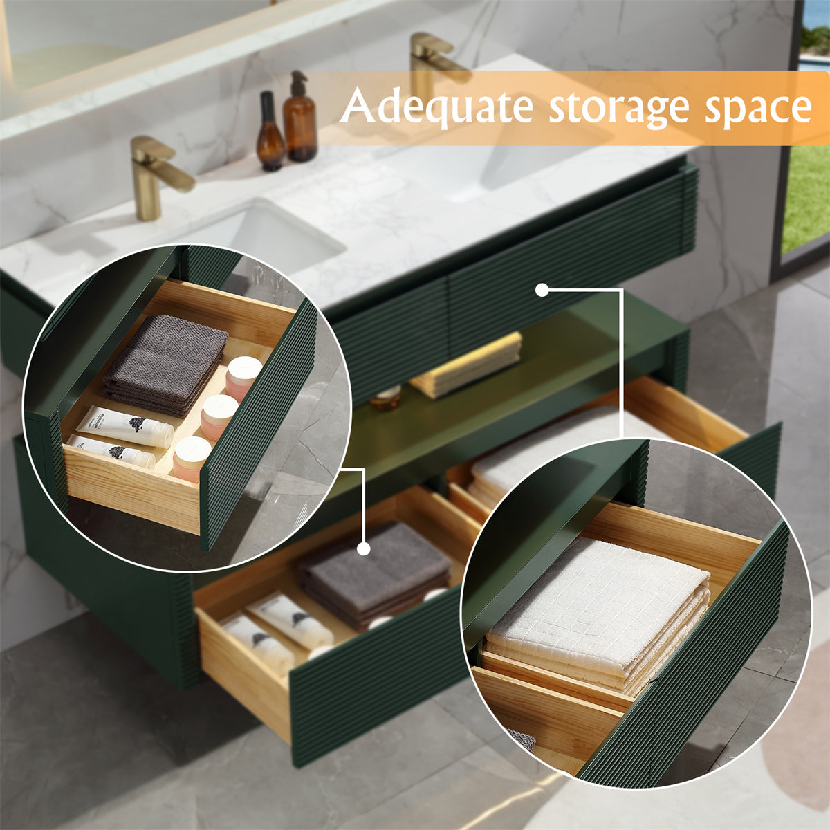 Segeo 48" Double Modern Solid Oak Floating Luxury Bathroom Vanity with Marble Countertop