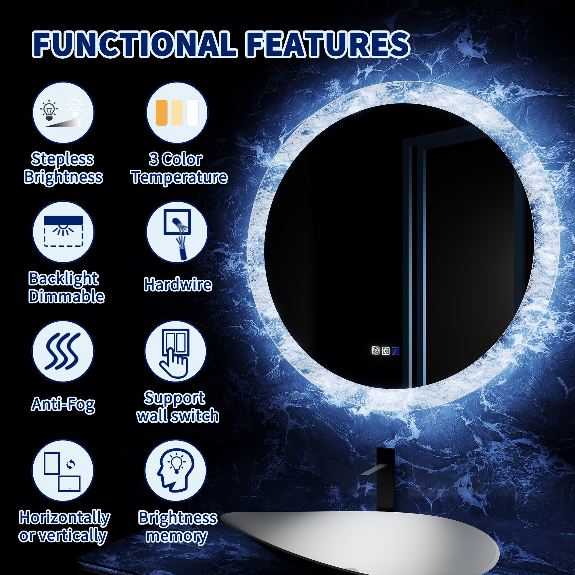 Luna 36" Round LED Bathroom Mirror – Ice Textures Edge