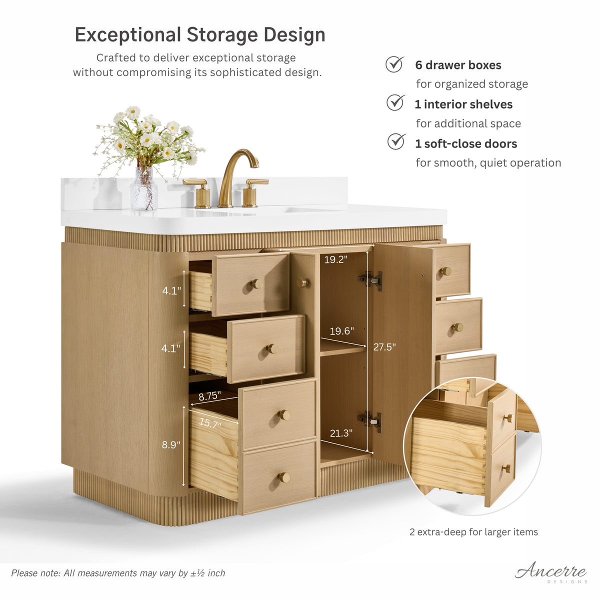 Aston 48-inch bathroom vanity in American Oak — storage detail