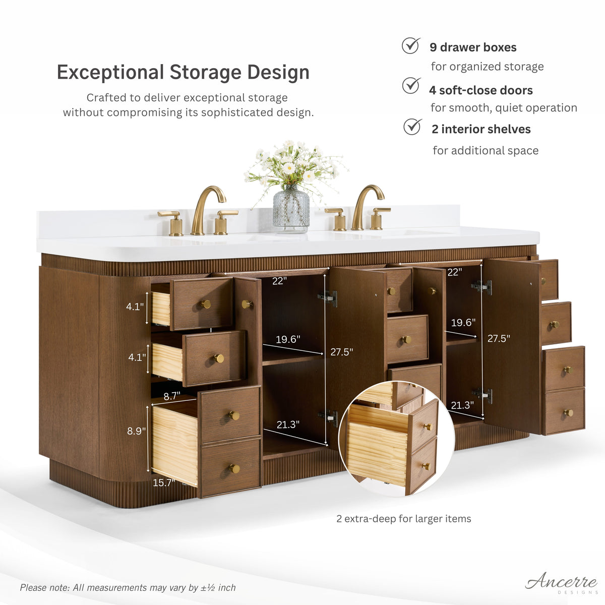 Aston 84-inch bathroom vanity in Chestnut Oak — storage dimensions