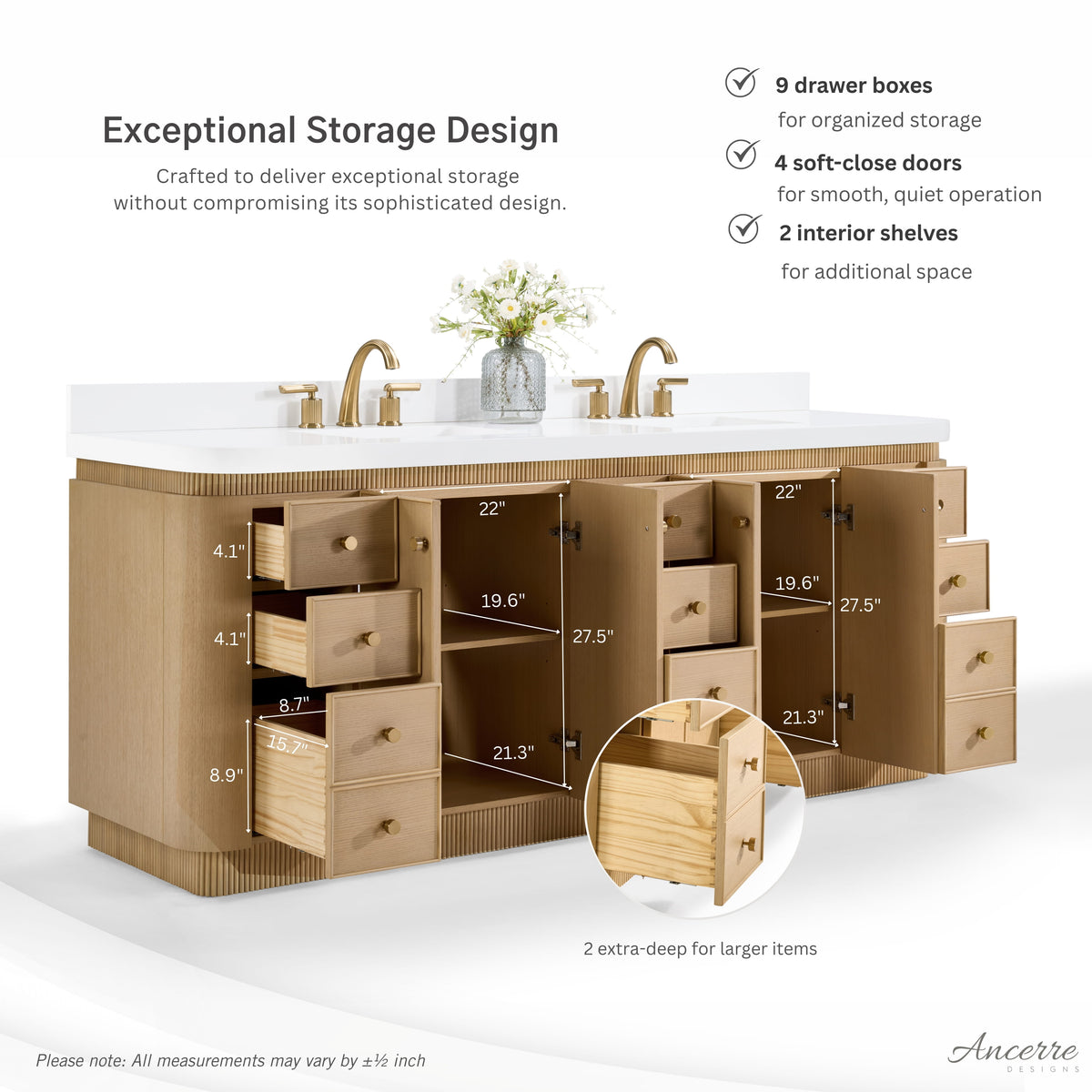 Aston 84-inch bathroom vanity in American Oak — storage detail