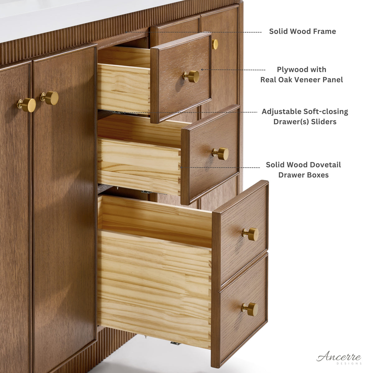 Aston 60-inch bathroom vanity in Chestnut Oak — drawer detail