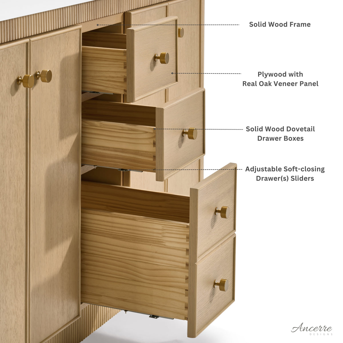 Aston 72-inch bathroom vanity in American Oak — drawer detail