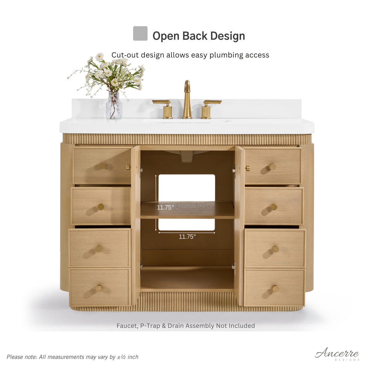 Aston 48-inch bathroom vanity in American Oak — rear view