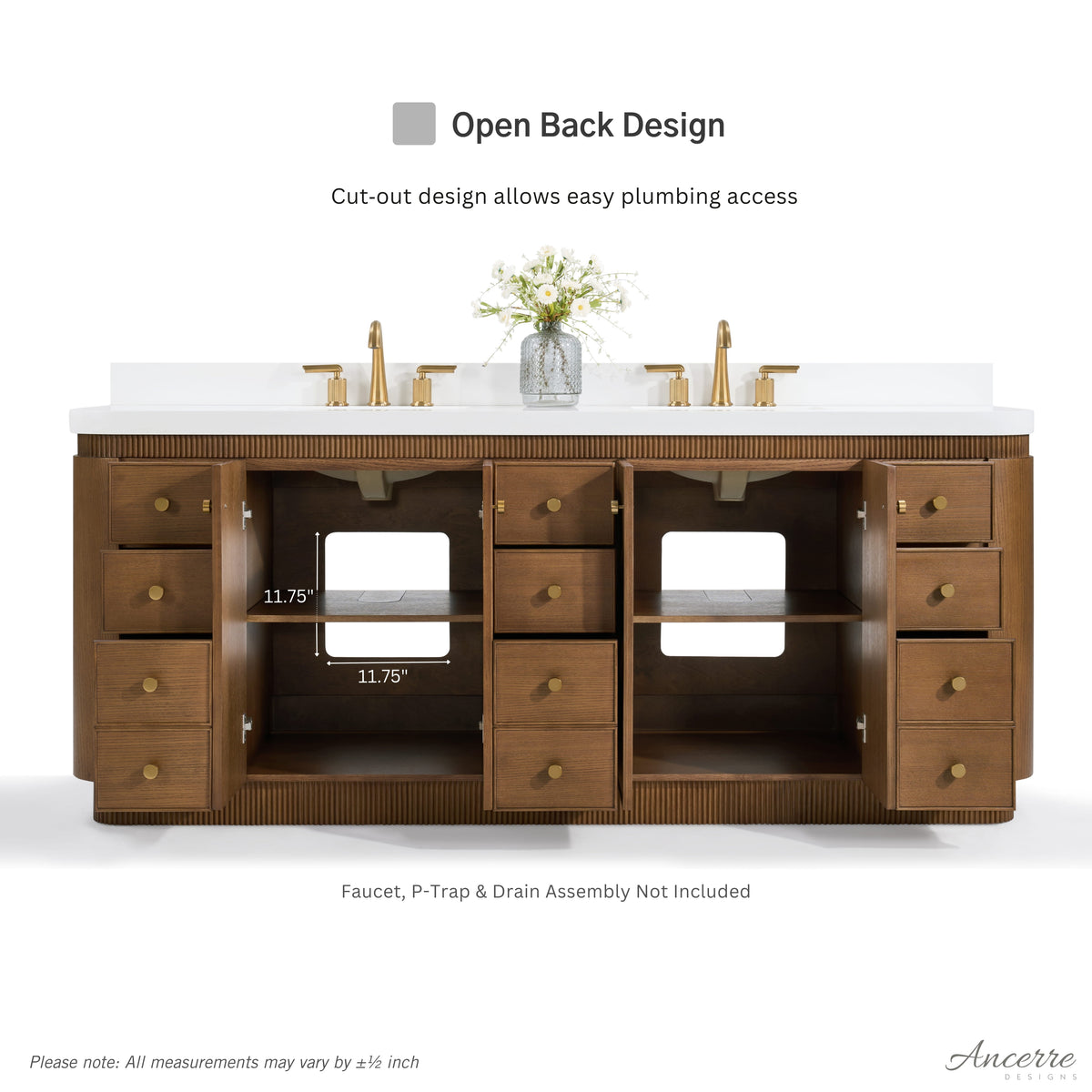 Aston 84-inch bathroom vanity in Chestnut Oak — rear view