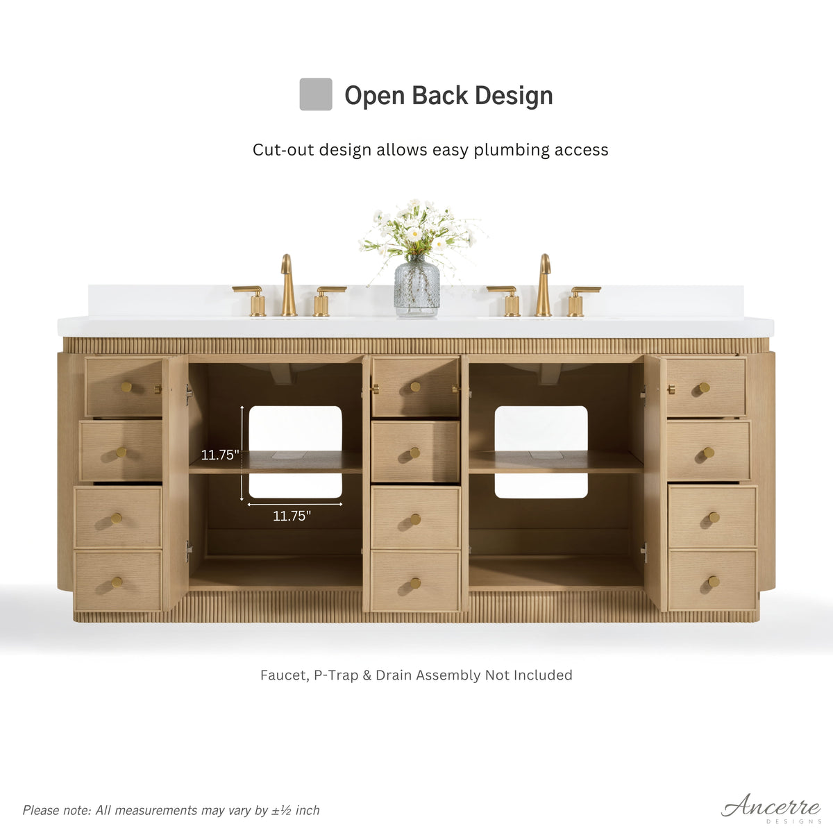 Aston 84-inch bathroom vanity in American Oak — rear view