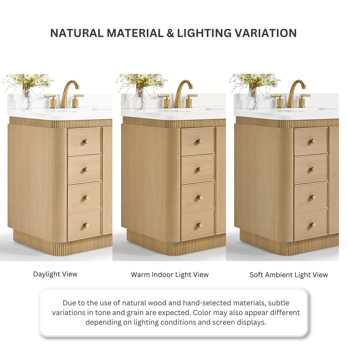 Aston 72-inch bathroom vanity in American Oak — finish under different lighting