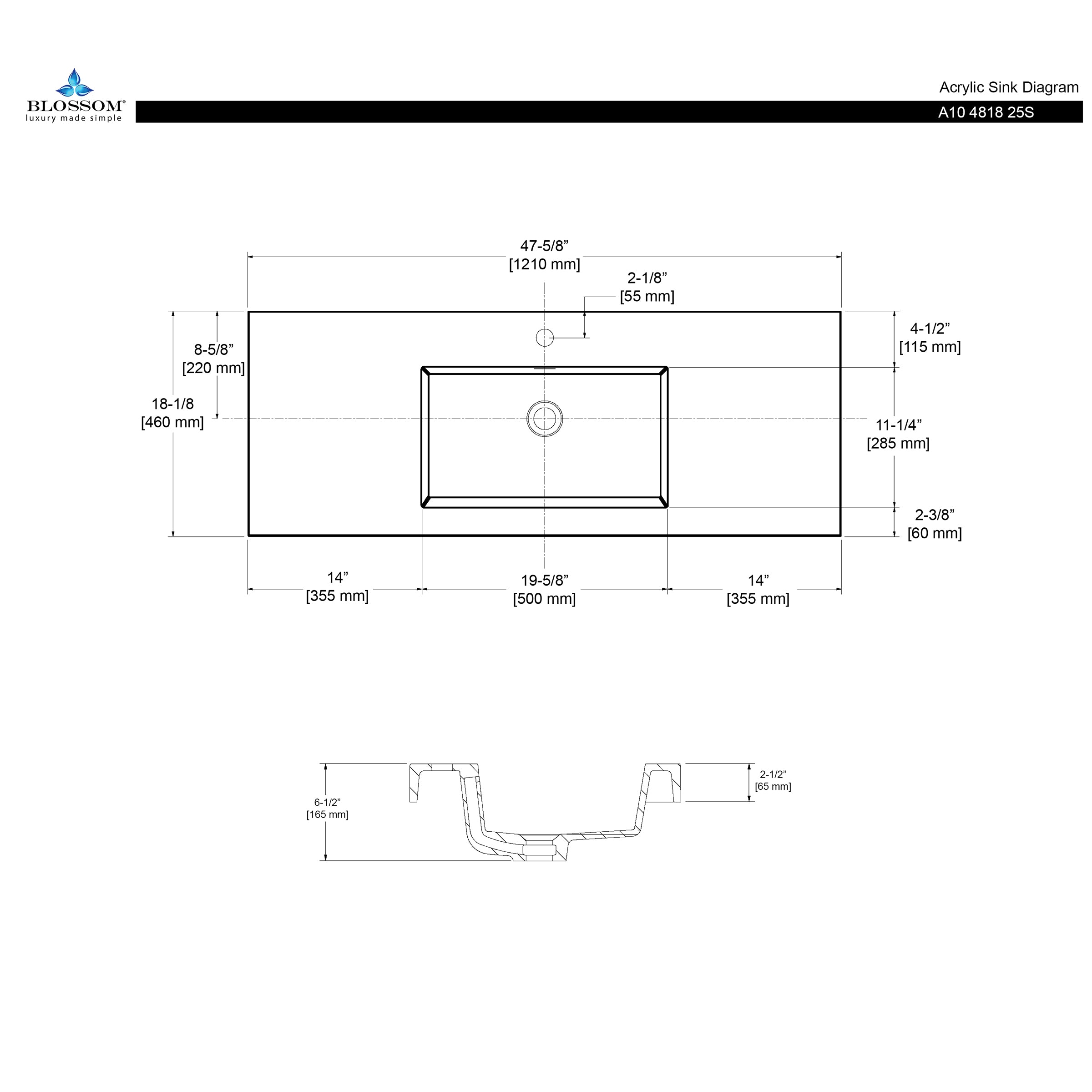 Acrylic Top-Mount Single Basin 48" by 18"