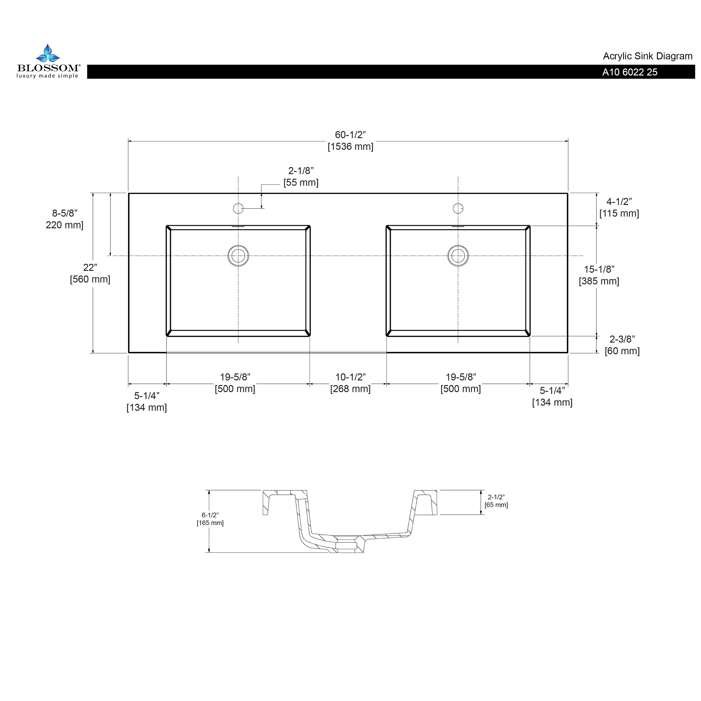 Acrylic Top - Mount Double Basin 60" by 22"