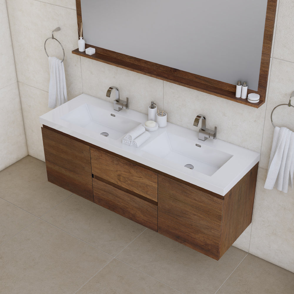 Paterno 60" Wall Mounted Bathroom Vanity with Acrylic Double Top - Modern Bathroom Vanity