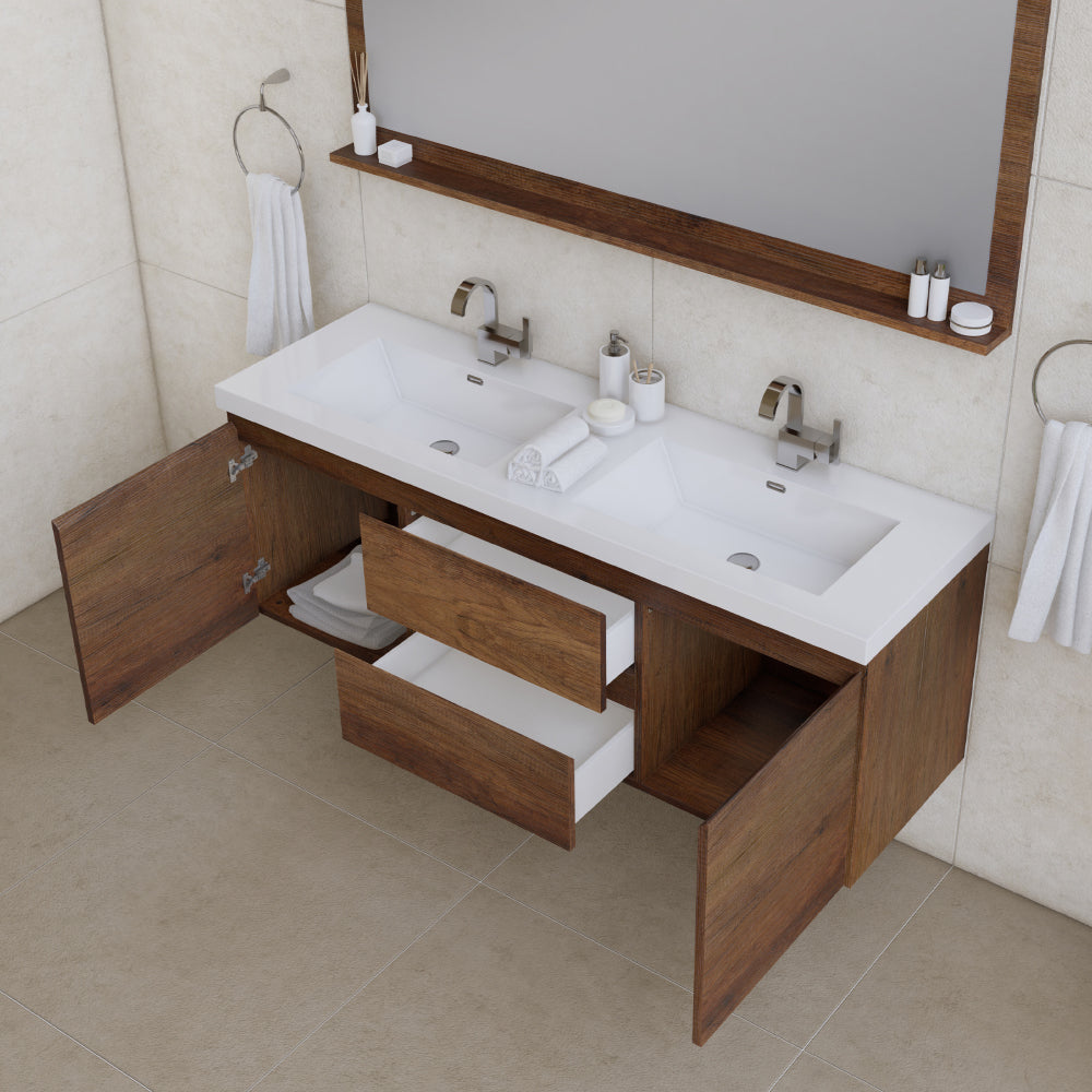 Paterno 60" Wall Mounted Bathroom Vanity with Acrylic Double Top - Modern Bathroom Vanity