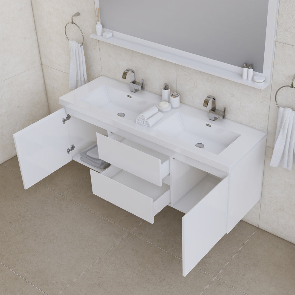 Paterno 60" Wall Mounted Bathroom Vanity with Acrylic Double Top - Modern Bathroom Vanity