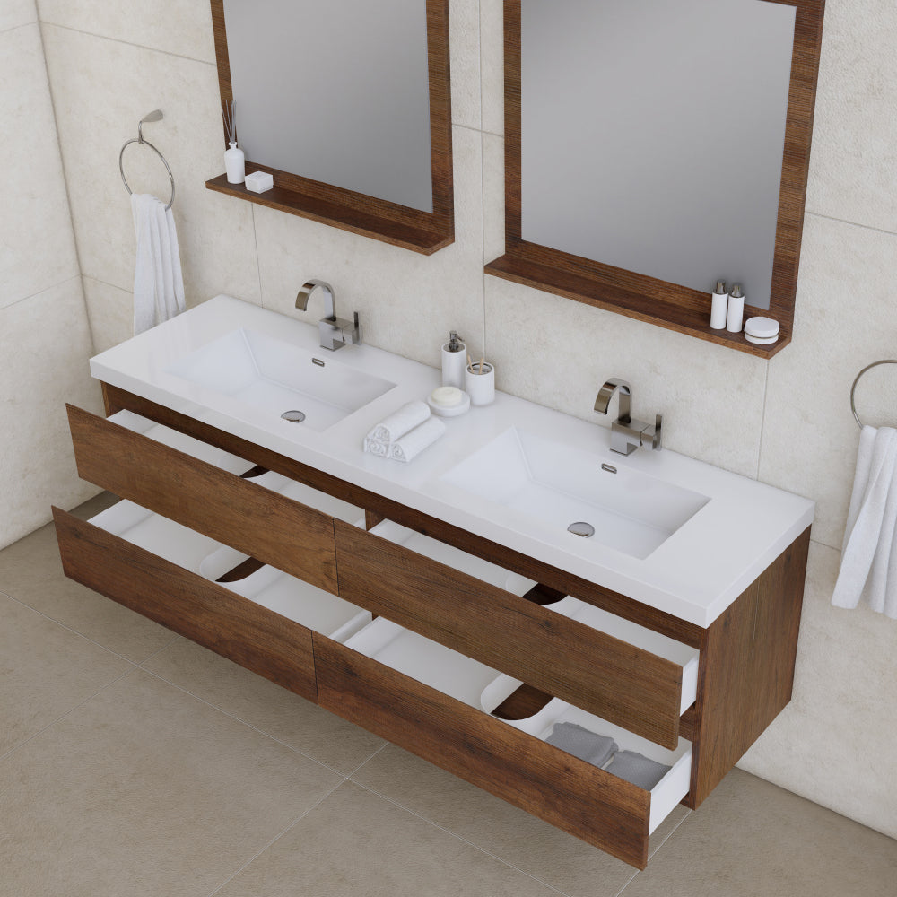 Paterno 72" Wall Mounted Bathroom Vanity with Acrylic Double Sink - Modern Bathroom Vanity