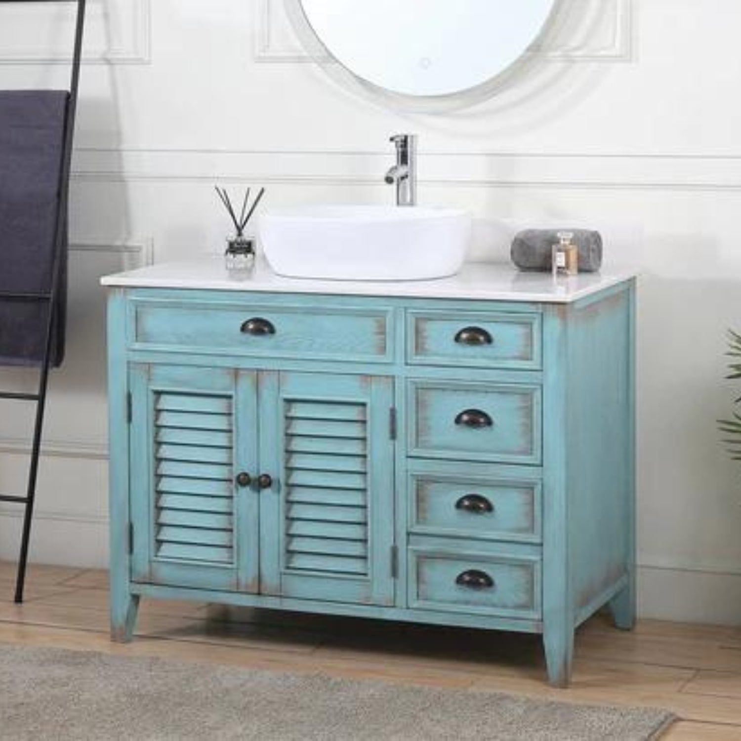 Abbeville 42" Distressed Light Blue Vanity with Vessel Sink - Traditional Bathroom Vanity