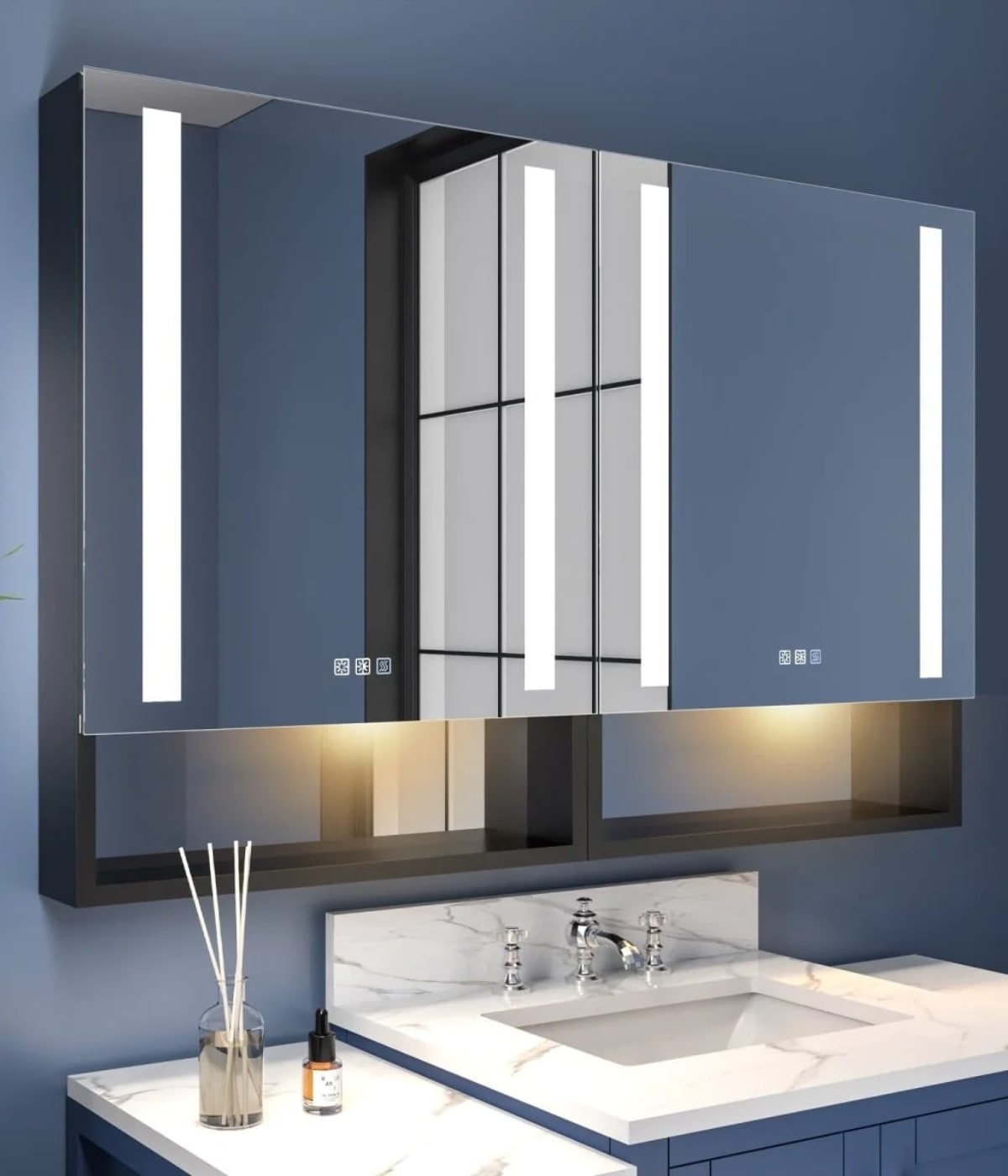 Sleek luxury high end bathroom medicine cabinet featuring designer hardware