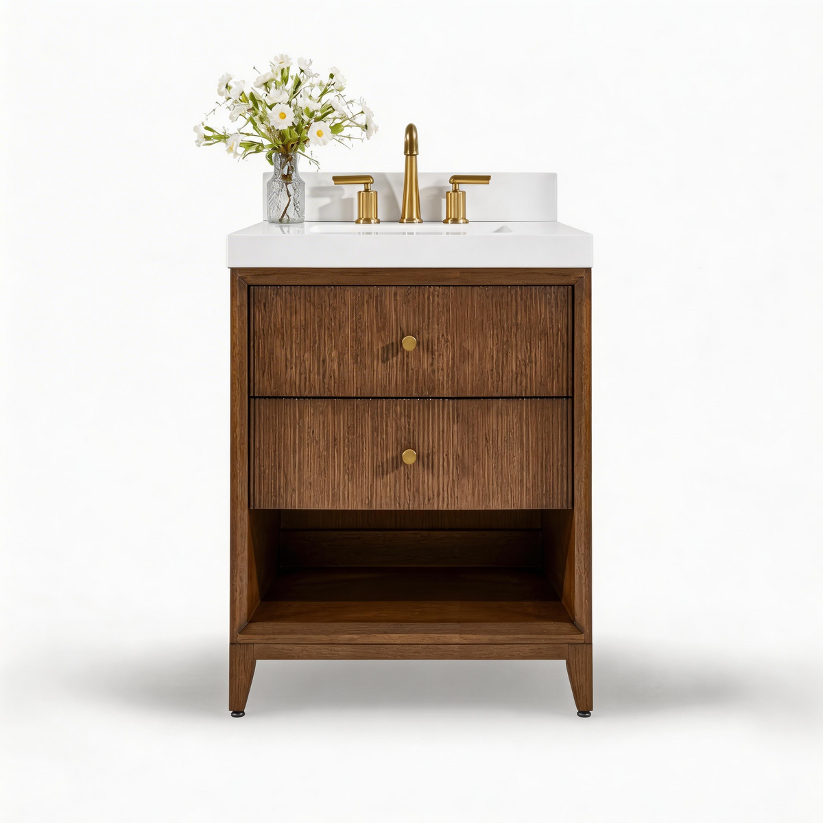 Ancerre Designs Momo 24-inch Chestnut Oak vanity with Alpine White Quartz top - front hero