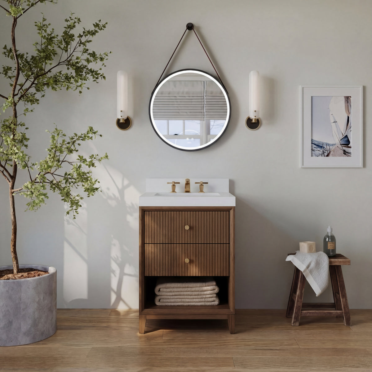 Ancerre Designs Momo 24-inch Chestnut Oak vanity with Alpine White Quartz top - front bathroom lifestyle