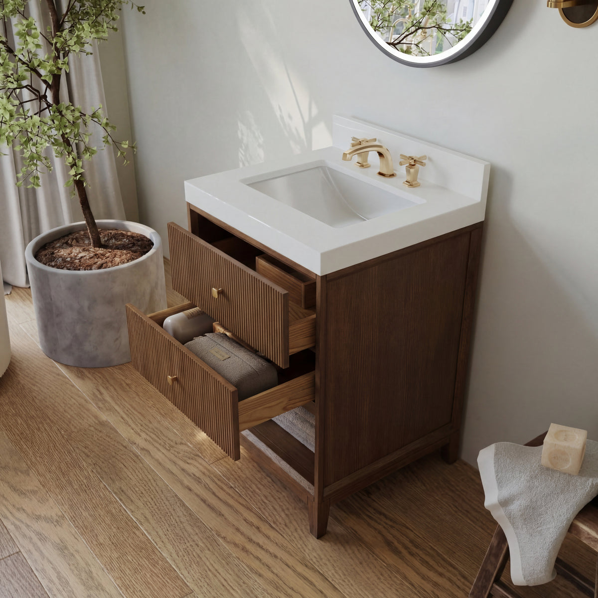 Ancerre Designs Momo 24-inch Chestnut Oak vanity with Alpine White Quartz top - angled lifestyle with drawers open