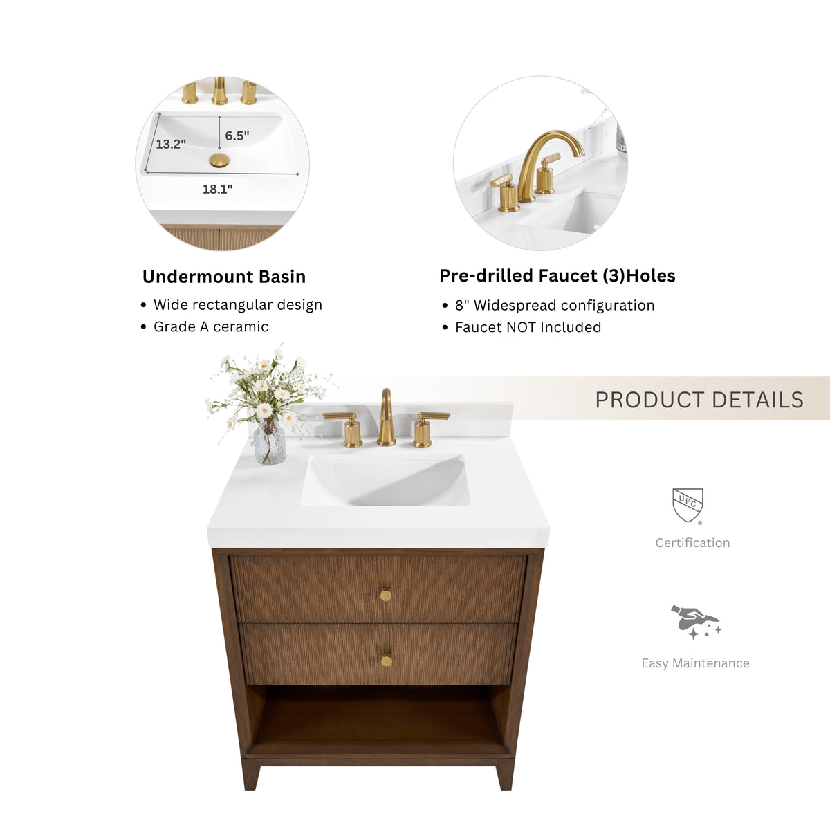 Ancerre Designs Momo 24-inch Chestnut Oak vanity with Alpine White Quartz top - top and sink specifications