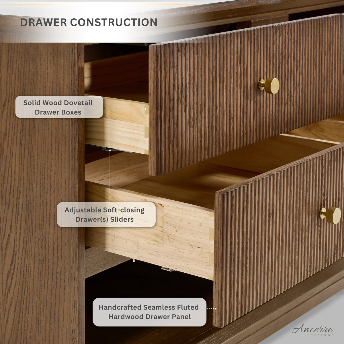 Ancerre Designs Momo Chestnut Oak vanity - drawer construction detail