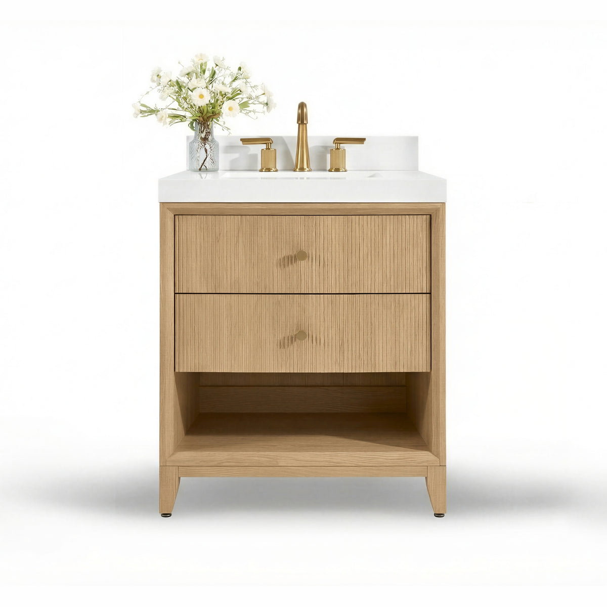 Ancerre Designs Momo 24-inch Oak vanity with Alpine White Quartz top - front hero