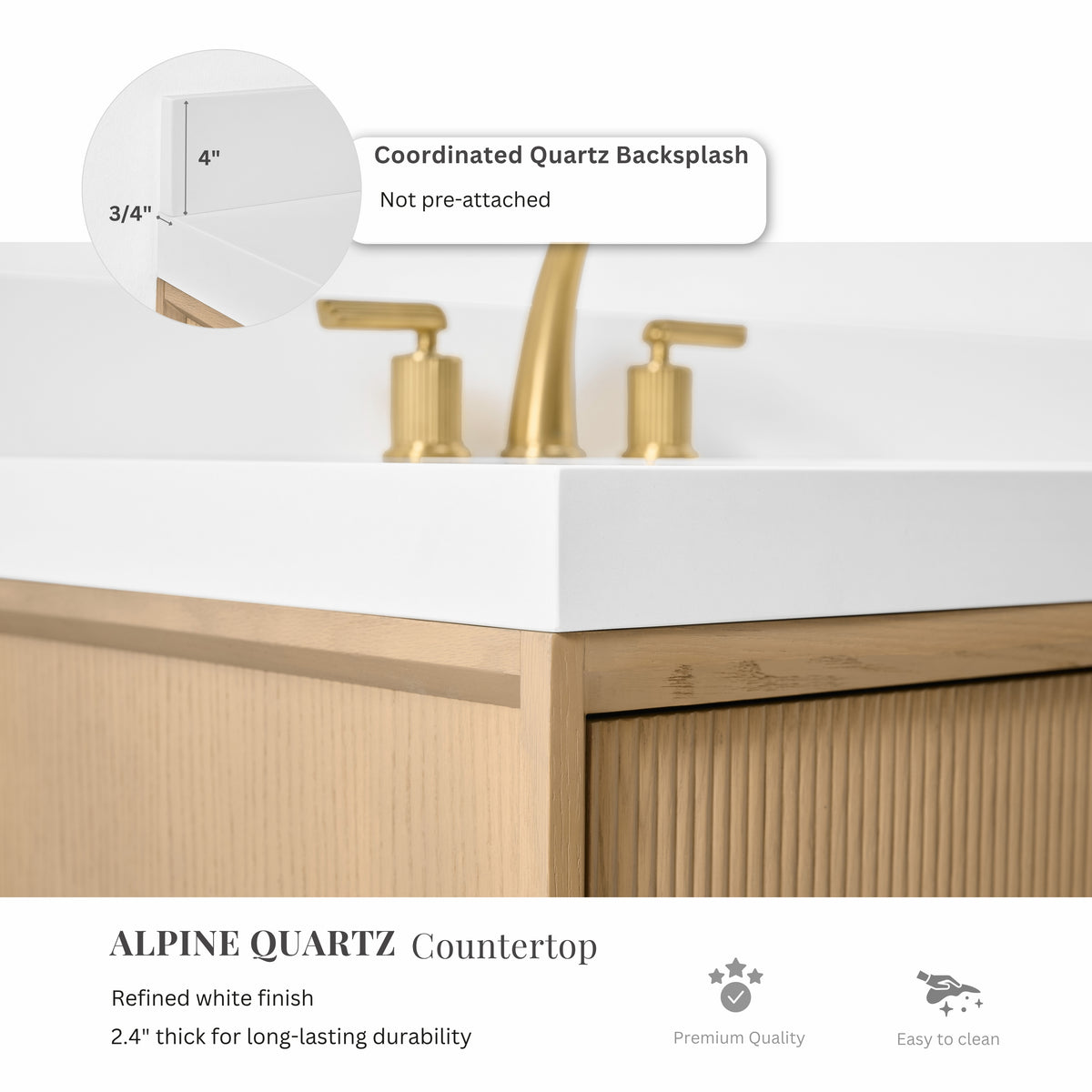 Ancerre Designs Momo Oak vanity - Alpine White Quartz top and backsplash detail