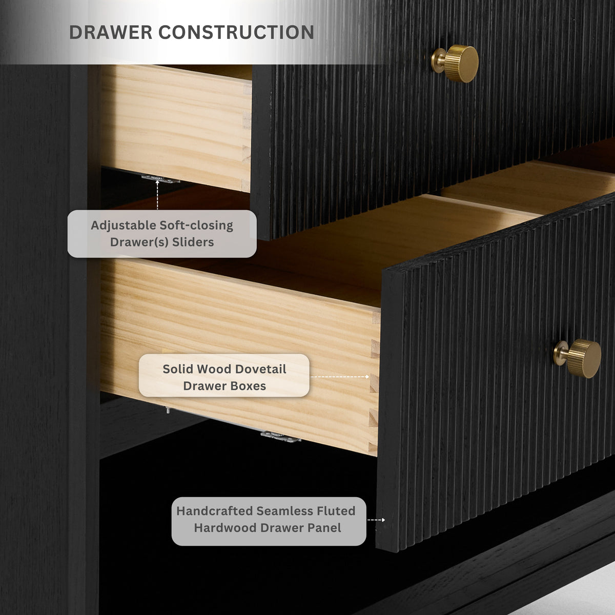 Ancerre Designs Momo Black Oak vanity - drawer construction detail