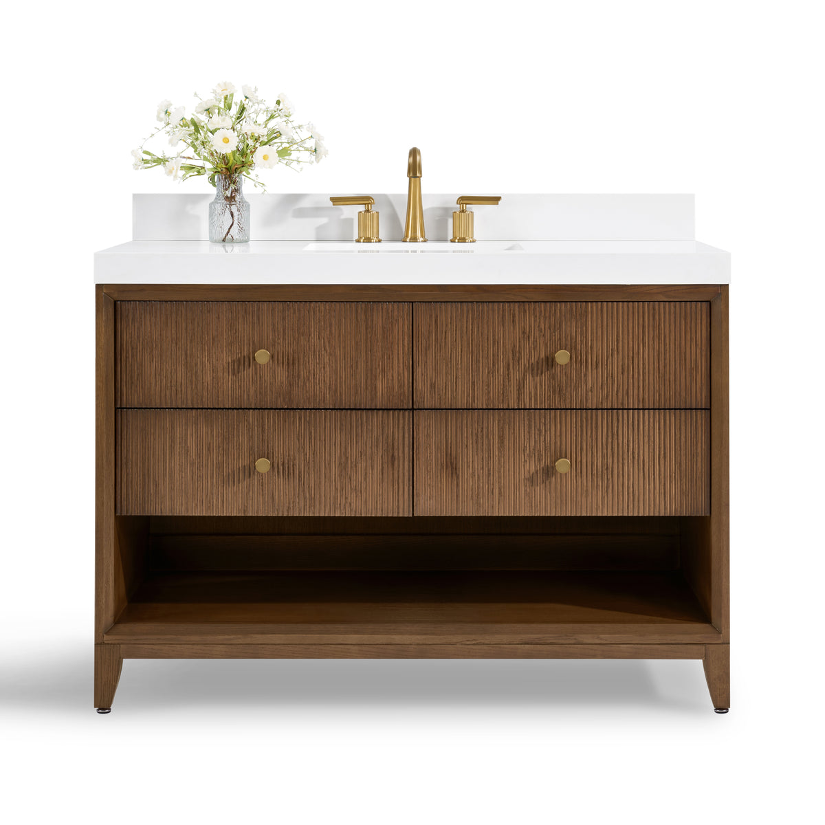 Momo 48-inch Chestnut Oak vanity with Alpine White Quartz top - front hero