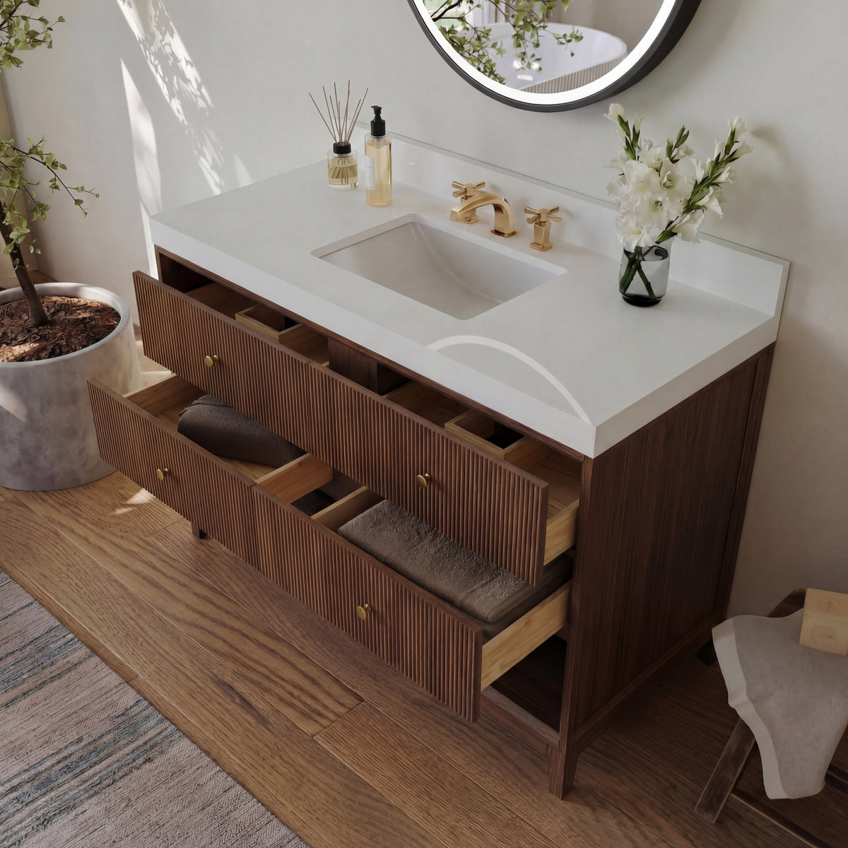 Momo 48-inch Chestnut Oak vanity with Alpine White Quartz top - overhead angle with open drawers