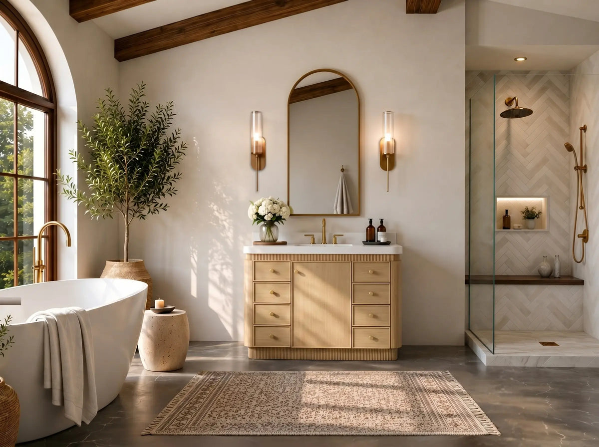 Aston 42-inch bathroom vanity in American Oak, front view in a bathroom