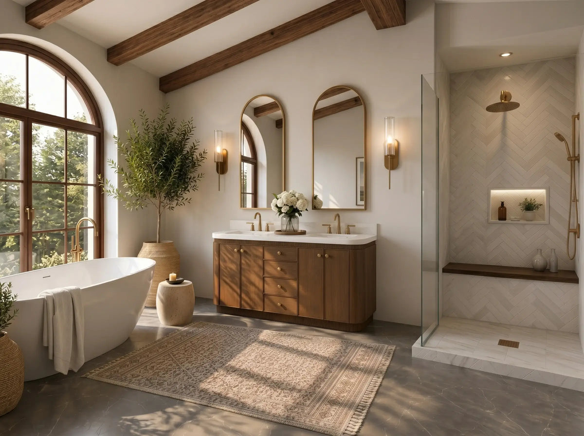 Aston 60-inch bathroom vanity in Chestnut Oak — angled view in a bathroom