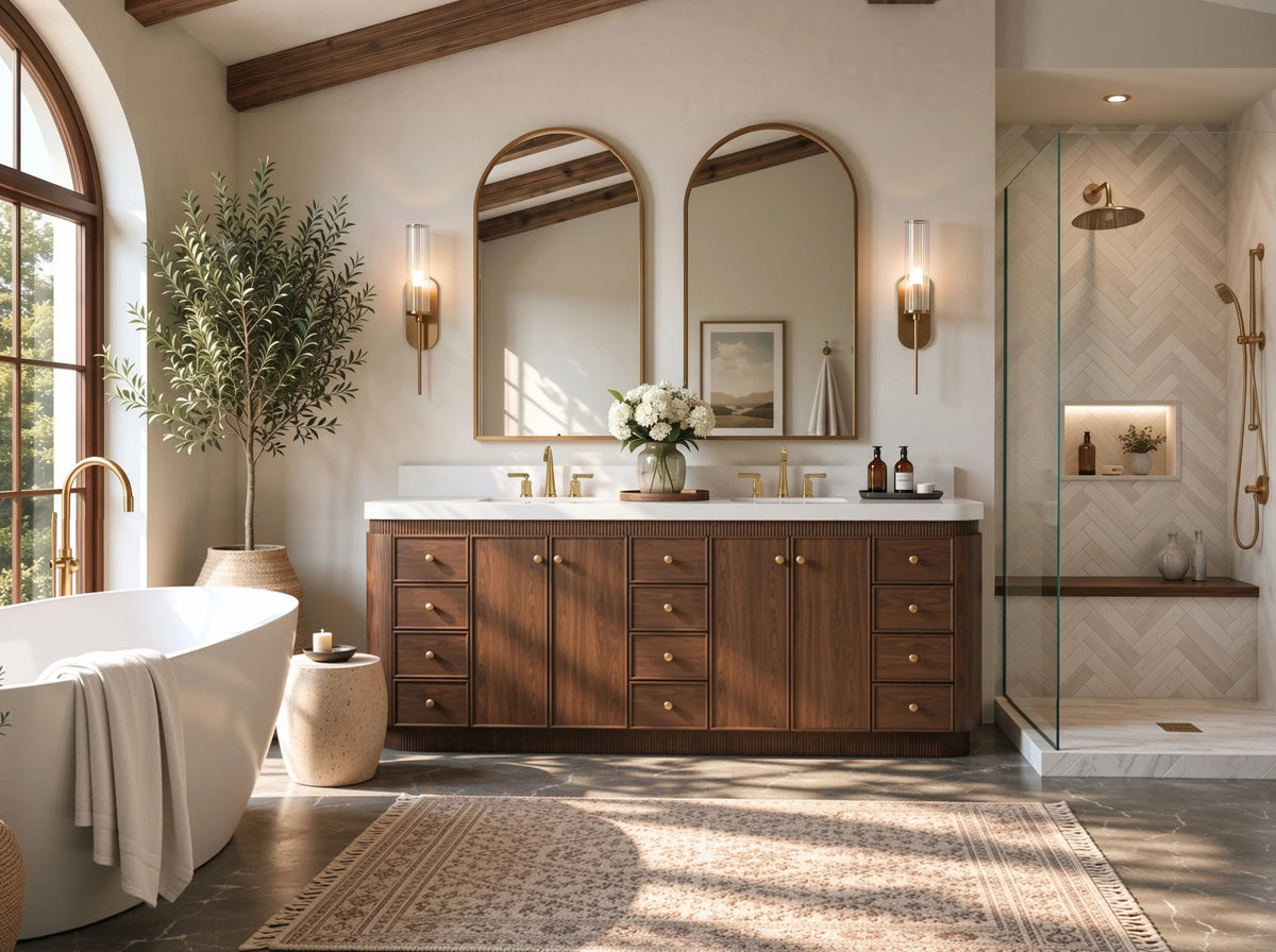 Aston 84-inch bathroom vanity in Chestnut Oak — bathroom setting