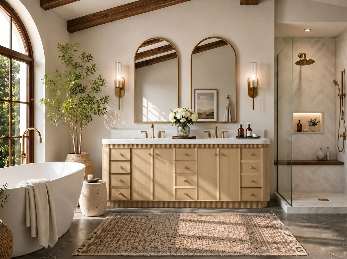Aston 84-inch bathroom vanity in American Oak — front view in a bathroom