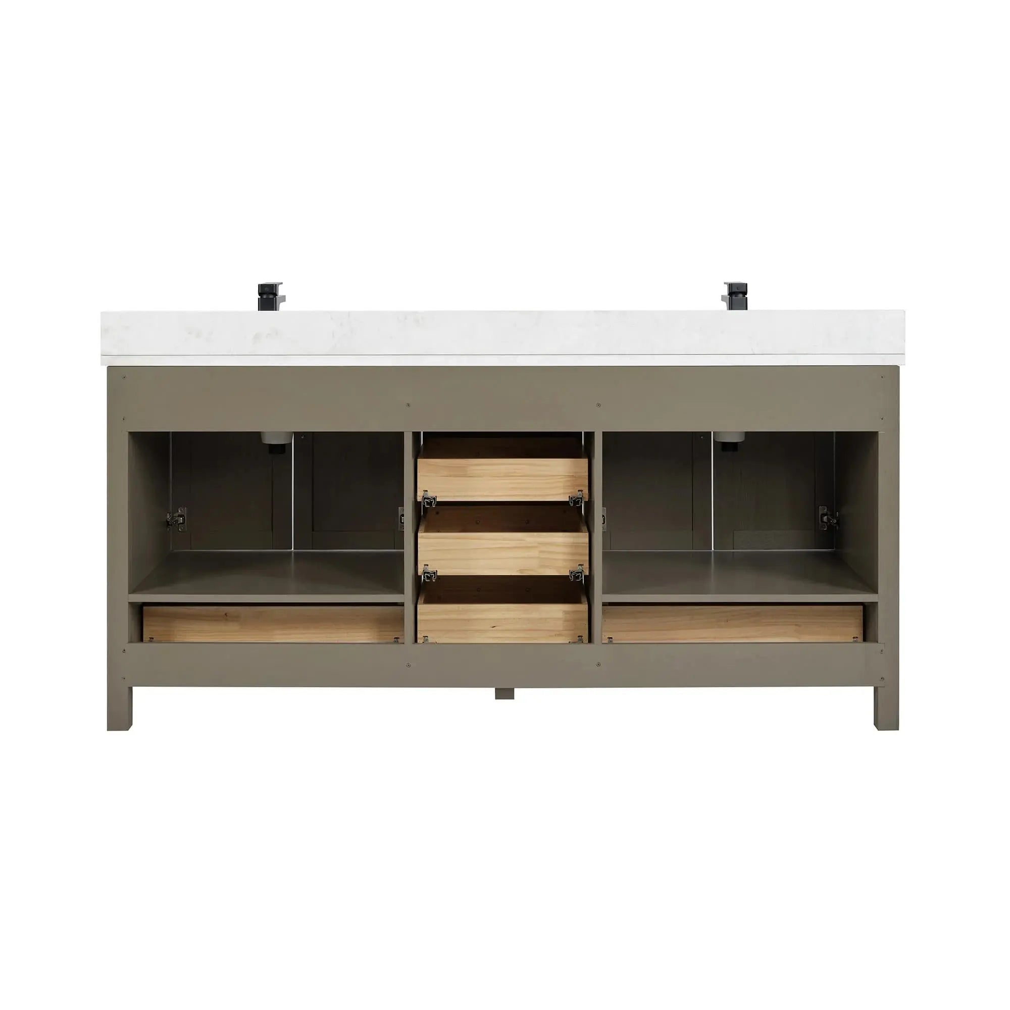 Bathroom vanity with white countertop and wooden drawers on a white background