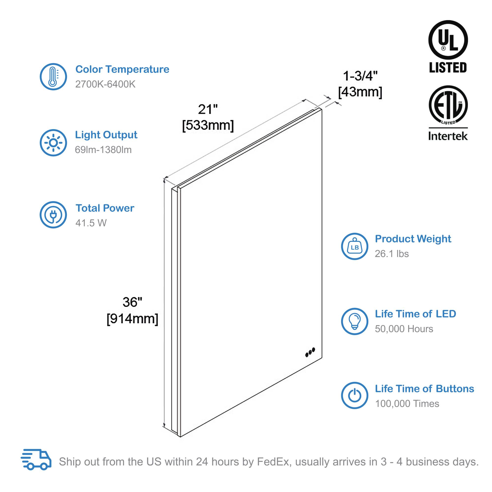Beta 21″ by 36″ LED Mirror with Frosted Sides Vanity Plus