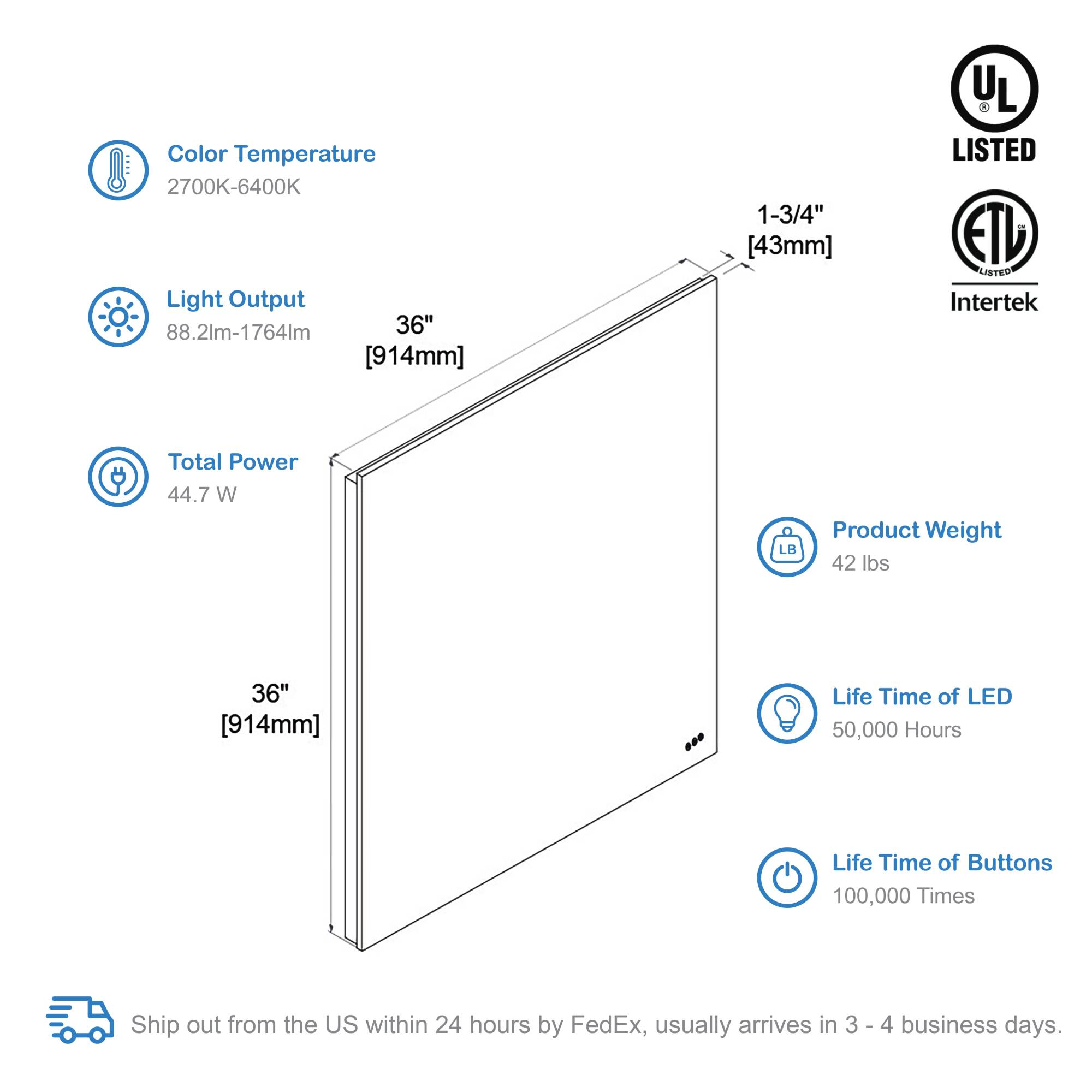 Beta 36″ x 36″ LED Mirror with Frosted Sides Vanity Plus